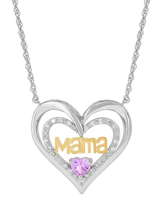 Lab-Created Pink Sapphire (1/3 ct. t.w.) & Diamond (1/10 ct. t.w.) Mama Heart Pendant Necklace in Rhodium-Plated & 14k Yellow Gold-Plated Sterling Sil