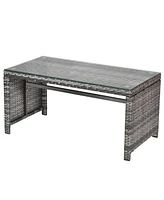 4PCS Patio Rattan Furniture Set Conversation Glass Table Top Cushioned