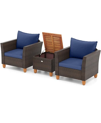 3PCS Patio Rattan Bistro Furniture Set Wood Table Top Cushion Sofa