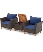 3PCS Patio Rattan Bistro Furniture Set Wood Table Top Cushion Sofa