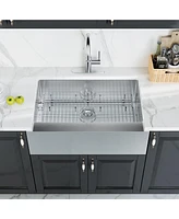 33 Inch Stainless Steel Brushed Kitchen Manual Sink, Straight Edge Apron, Large Single Grooves