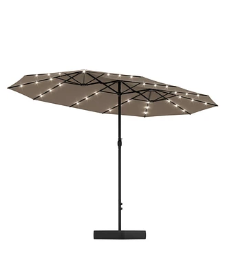 15 ft. Large Market Patio Umbrella with 36 Solar Lights,Double-Sided Outdoor Blue Base and Sandbag