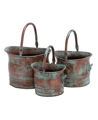 Patina Rust Metal Planters – Set of 3 Tinged Buckets with Handles