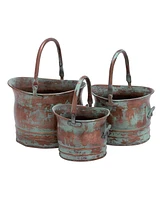 Patina Rust Metal Planters – Set of 3 Tinged Buckets with Handles