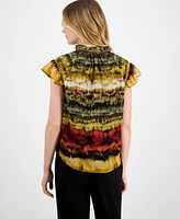 Anne Klein Women's Printed Ruffled-Neck Flutter-Sleeve Chiffon Top