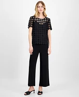Anne Klein Women's Round-Neck Short-Sleeve Woven Lace Blouse