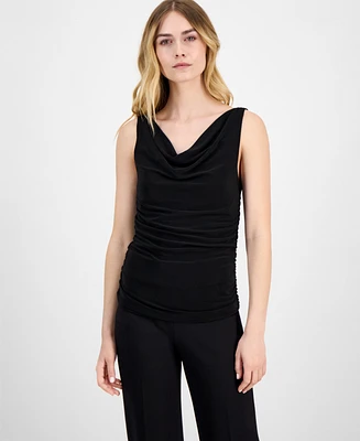 Anne Klein Women's Ruched Draped-Neck Textured Crepe Knit Top