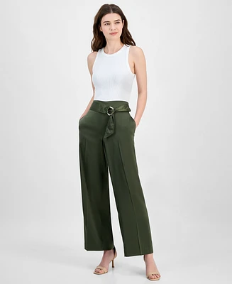 Anne Klein Women's Pull On High Rise Belted Wide Leg Satin Pants