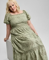 And Now This Trendy Plus Eyelet Embroidered Cotton Puff-Sleeve Maxi Dress, Exclusively at Macy's