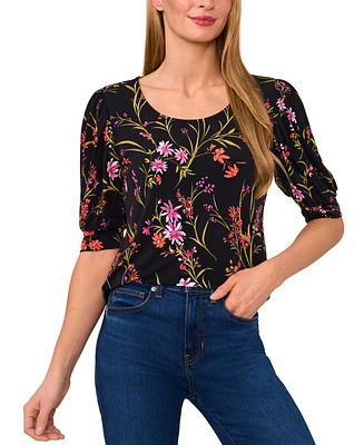 CeCe Women's Crewneck Shirred-Elbow-Sleeve Top