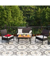 Gymax 4 Piece Rattan Outdoor Furniture Set Patio Conversation Set w/ Cushions
