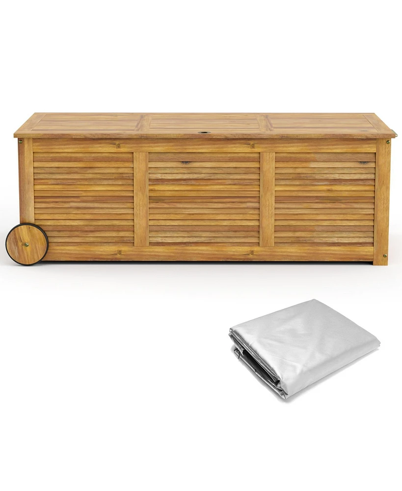Rolling Patio Wooden Deck Box with 2 Wheels and Side Handle for Outdoor