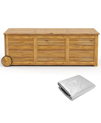 Rolling Patio Wooden Deck Box with 2 Wheels and Side Handle for Outdoor