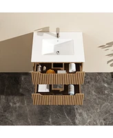 Casainc 24" Wall Mounted Walnut Bathroom Vanity Cabinet with White Basin Sink Combo Floating