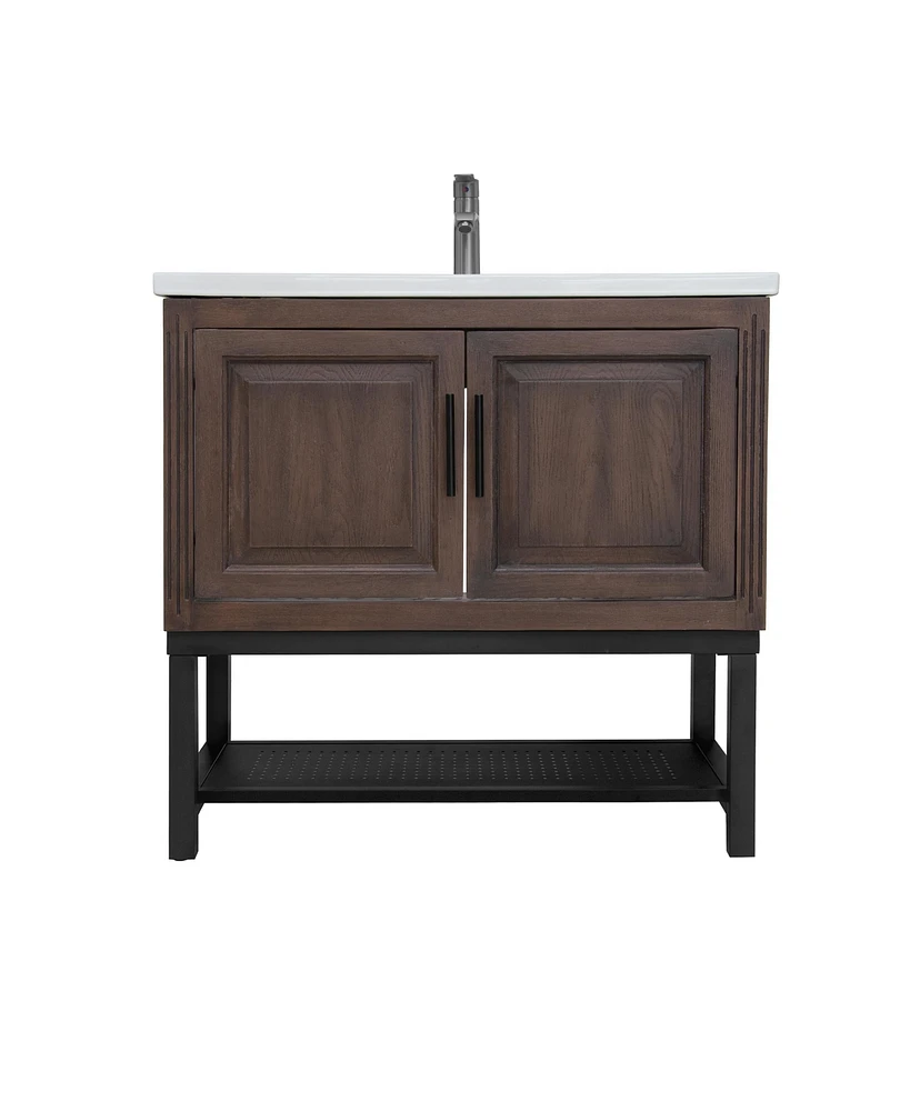 Casainc 36" Bathroom Vanity with White Ceramic Sink & Faucet,Freestanding Bathroom Cabinet with 2 Storage Doors and Open iron Shelf