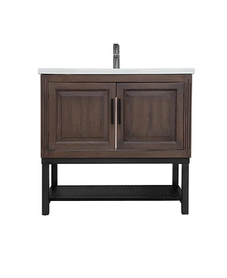 Casainc 36" Bathroom Vanity with White Ceramic Sink & Faucet,Freestanding Bathroom Cabinet with 2 Storage Doors and Open iron Shelf