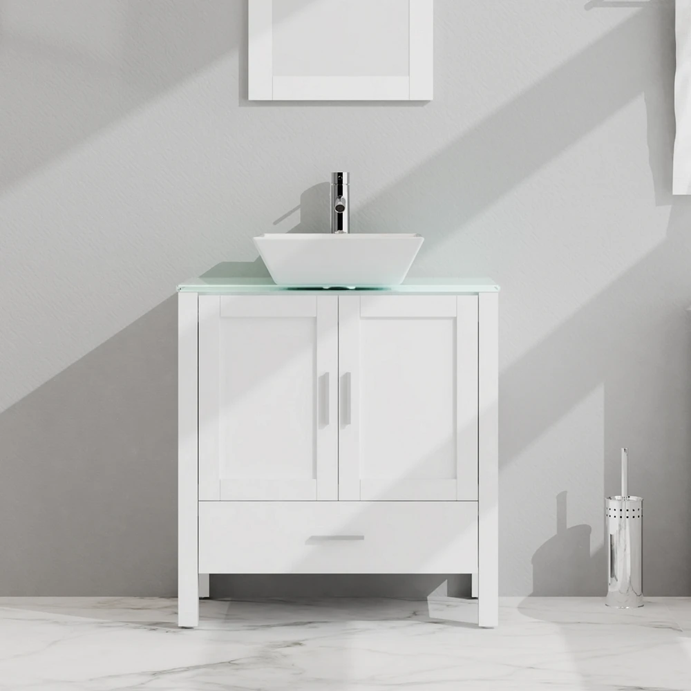 Casainc 30" White Bathroom Vanity and Sink Combo Glass Top Cabinet With Mirror