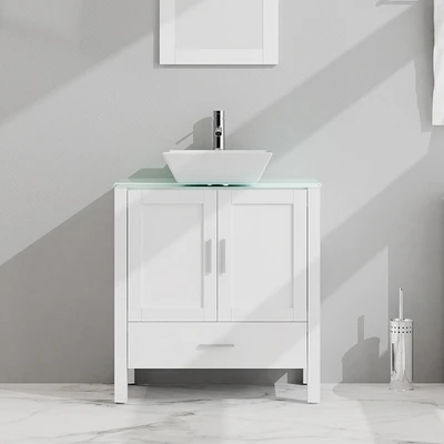 Casainc 30" White Bathroom Vanity and Sink Combo Glass Top Cabinet With Mirror