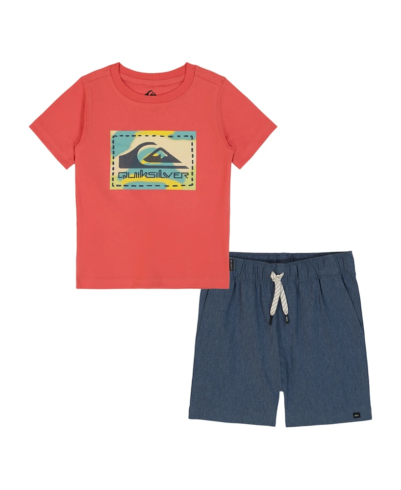 Quiksilver Toddler and Little Boys 2-Piece Short Sleeve Graphic Logo T-Shirt Stretch Tech Shorts Set