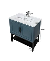 Casainc 32" Bathroom Vanity with White Ceramic Sink & Faucet,Freestanding Bathroom Cabinet with 2 Storage Doors and Open iron Shelf