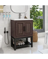 Casainc 24" Bathroom Vanity with White Ceramic Sink & Faucet,Freestanding Bathroom Cabinet with 2 Storage Doors and Open iron Shelf