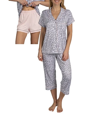 Tahari Women's 3-Piece Pajama Set Short Sleeve Notch Collar Top, Shorts, and Capri Pants Pj Set