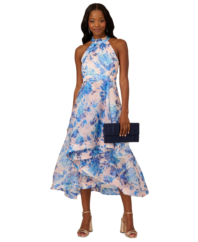 Adrianna Papell Women's Floral Print Halter High-Low Midi Dress