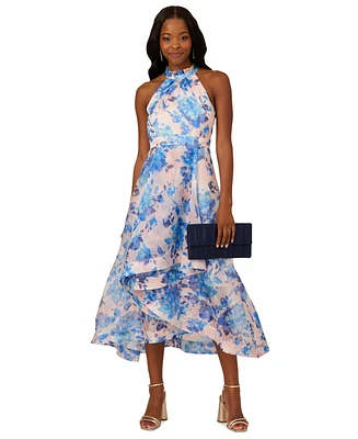 Adrianna Papell Women's Floral Print Halter High-Low Midi Dress