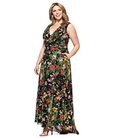 Betsy & Adam Plus Floral Print V-Neck Sleeveless Gown