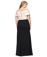 Betsy & Adam Plus Mixed-Material Off-The-Shoulder Gown