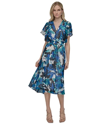 Dkny Women's V-Neck Smocked-Waist Flutter-Sleeve Dress