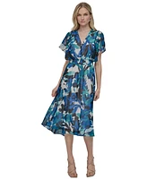 Dkny Women's V-Neck Smocked-Waist Flutter-Sleeve Dress