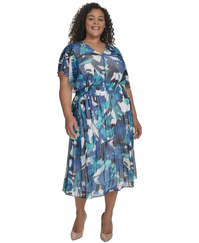 Dkny Plus Printed Flutter-Sleeve Midi Dress