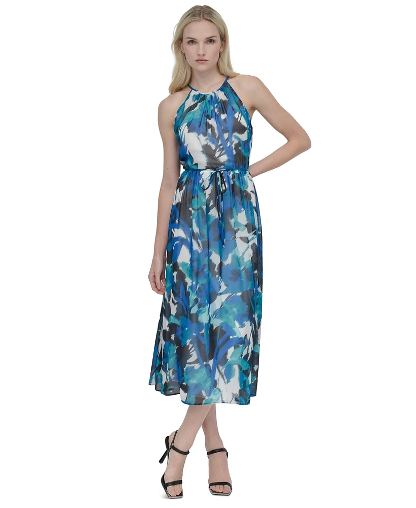 Dkny Women's Tie-Waist Chiffon Fit & Flare Midi Dress