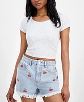 Indigo Rein Juniors' Cherry Embroidered Denim Shorts