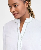 Charter Club Women's 100% Linen 3/4-Sleeve Stitched Top, Exclusively at Macy's