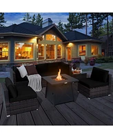 Gymax 7PCS Rattan Patio Sectional Furniture Set w/ 30'' Fire Pit Table & Cushion