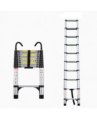 Telescopic ladder, 9.5 foot aluminum button telescopic ladder with 2 triangular stabilizers and hooks, multi-purpose ladder, maximum load-bearing capa