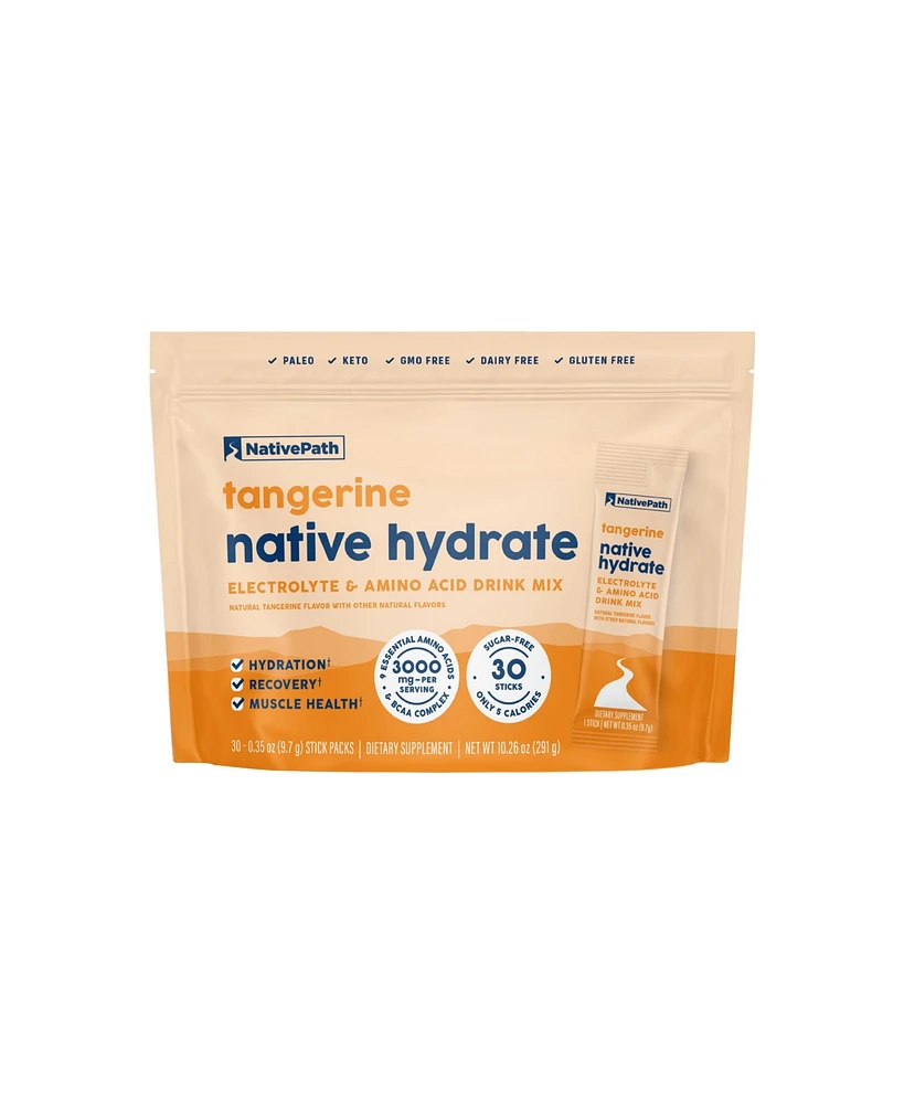 NativePath Native Hydrate Stick Packs, Sugar Free Electrolytes Powder with BCAAs, Tangerine Hydration, Keto & Paleo Friendly, 30 Servings