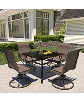 5-Piece Metal Outdoor Patio Dining Set with Square Table with 1.65 in. Umbrella Hole and Swivel Chairs