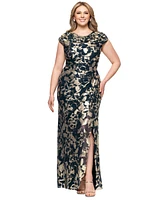 Betsy & Adam Plus Metallic Print Cowlneck Gown
