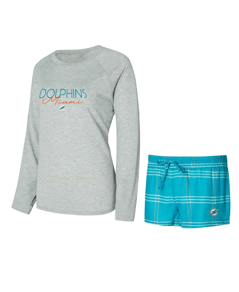 Concepts Sport Women's Aqua/Gray Miami Dolphins Petition Raglan Long Sleeve T-Shirt and Shorts Set