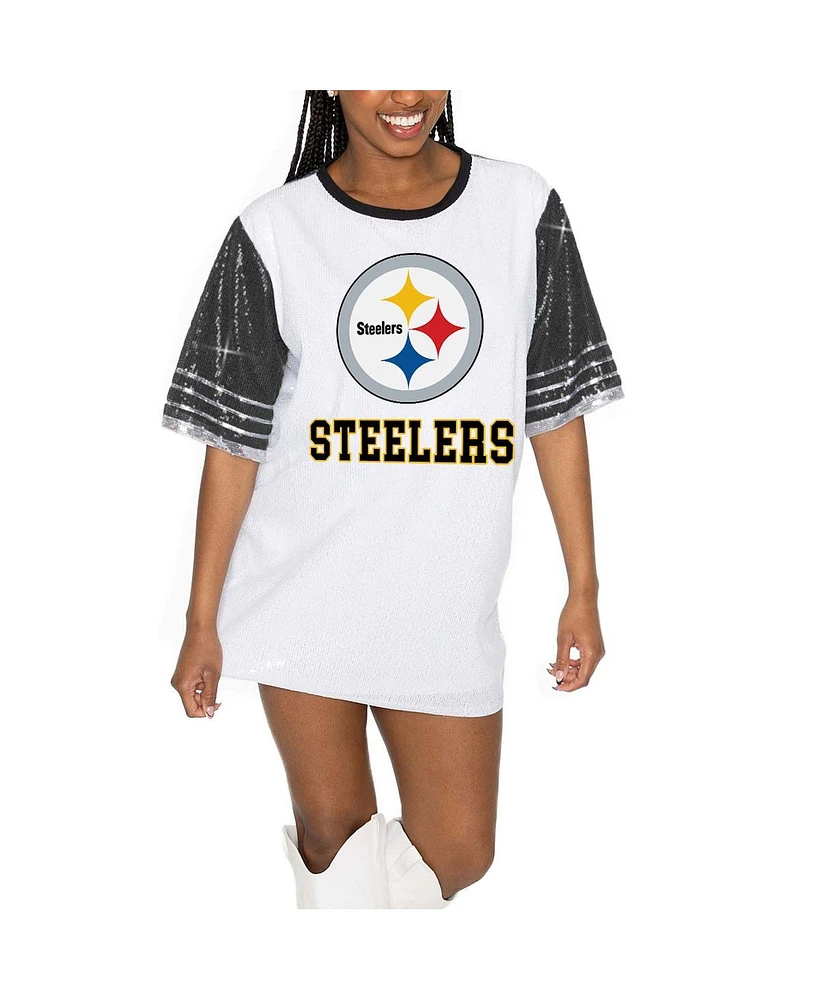 Gameday Couture Women's White/Black Pittsburgh Steelers Bling It Full Sequin Jersey Dress