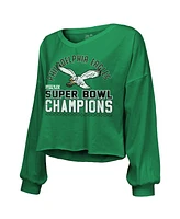 Majestic Women's Kelly Green Philadelphia Eagles Super Bowl Lix Champions Hard Count Retro Off Shoulder V-Neck Long Sleeve T-Shirt