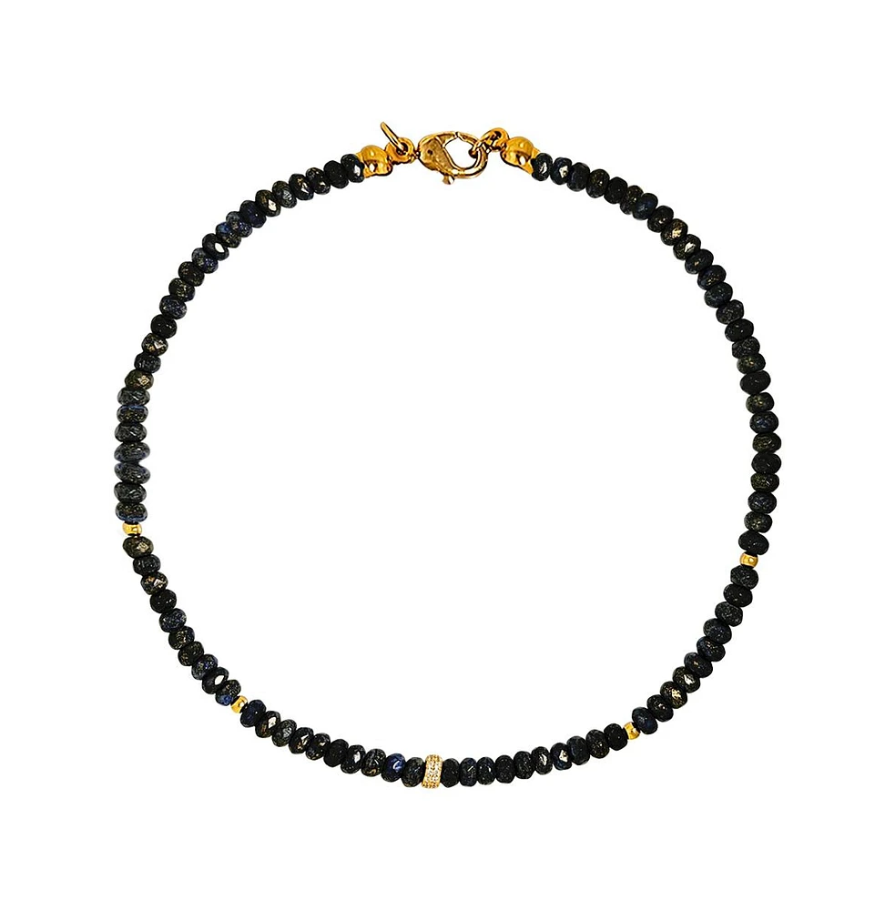 Created Blue Sapphire Beads with Gold Toned Rondel Necklace Paved with Cubic Zirconia 16 inches Adjustable