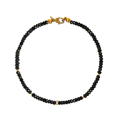 Created Blue Sapphire Beads with Gold Toned Rondel Necklace Paved with Cubic Zirconia 16 inches Adjustable