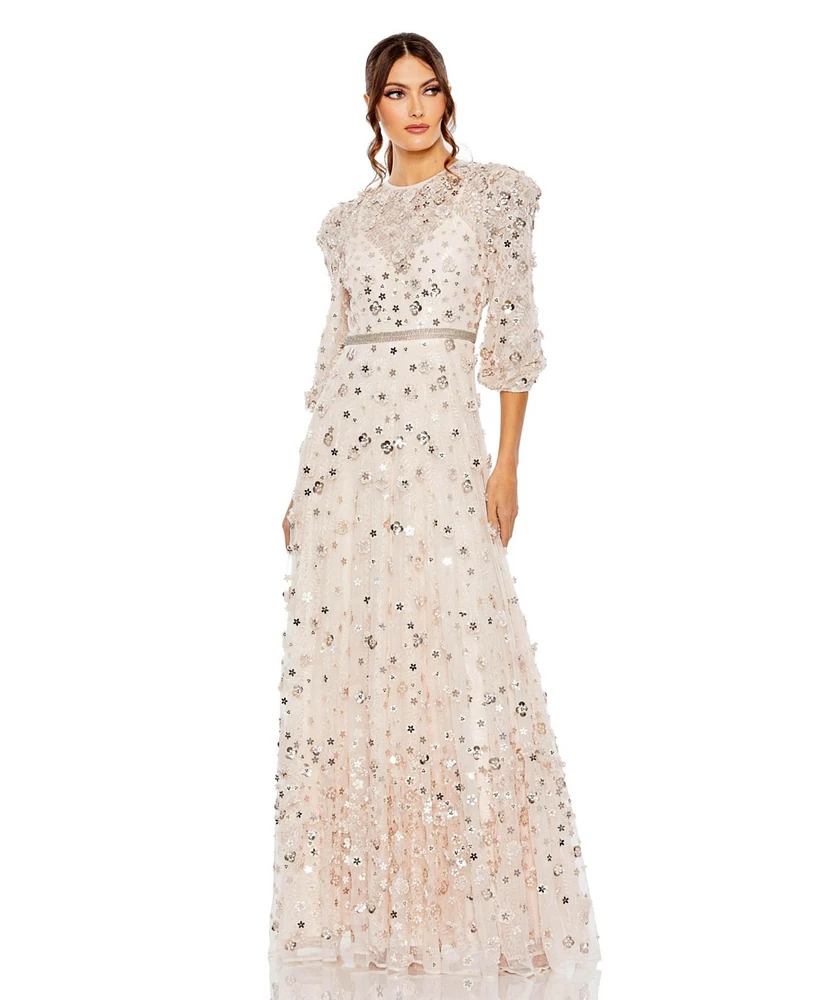 Mac Duggal Women's Floral Applique Puff Sleeve High Neck A-Line Gown