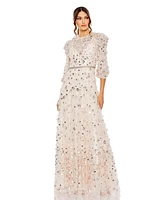 Mac Duggal Women's Floral Applique Puff Sleeve High Neck A-Line Gown