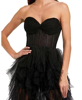Mac Duggal Women's Strapless Bustier Net Gown With Spiral Ruffles