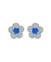 Bling Jewelry Flower Petals Cubic Zirconia Pave Cz Stud Earrings Blue Center Silver Plated Brass